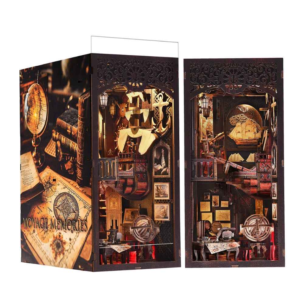 Voyage Memories book nook shown from two angles with its clear cover raised.