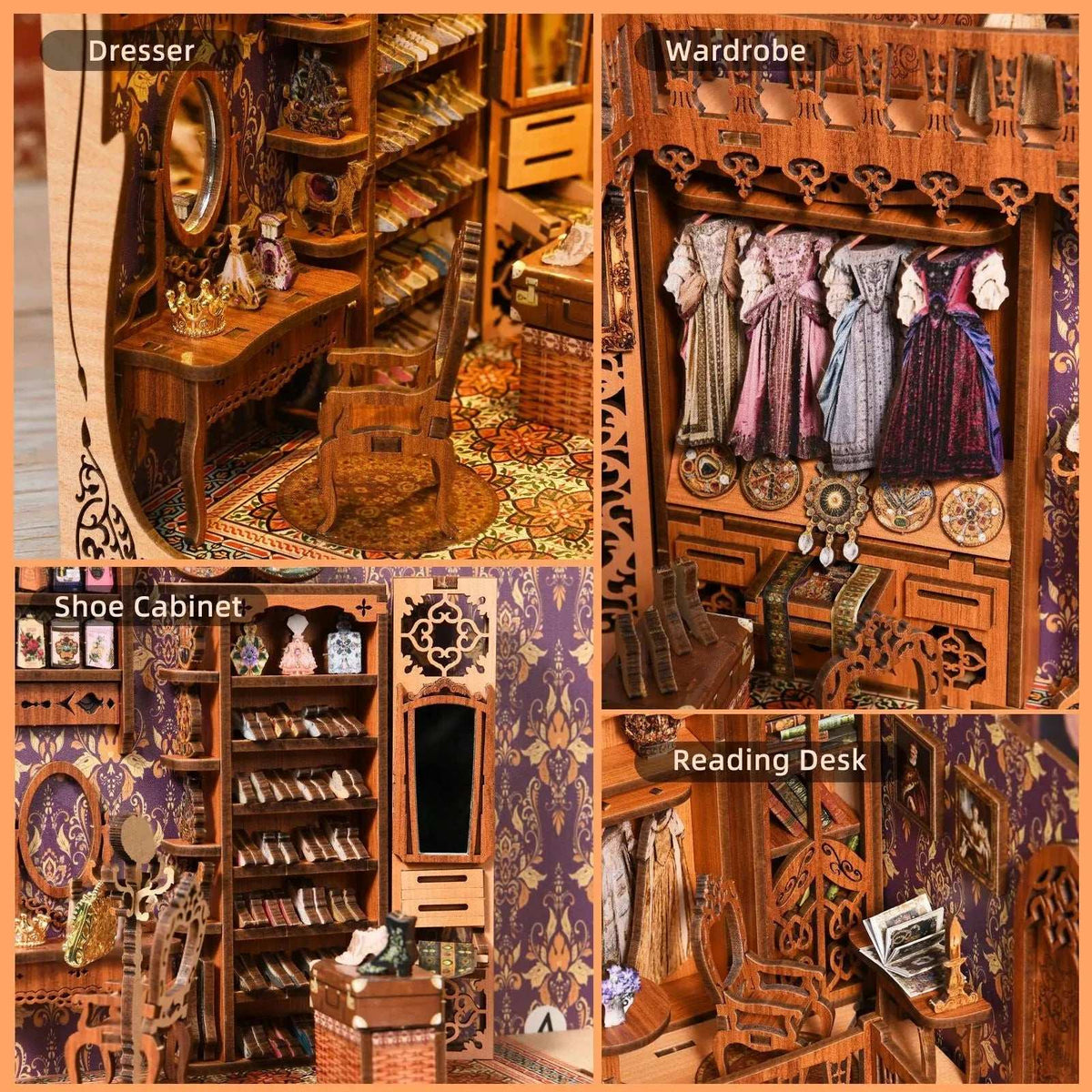Wardrobe of Duchess details showing the dressing table, clothes rail, shoe shelves and reading desk.