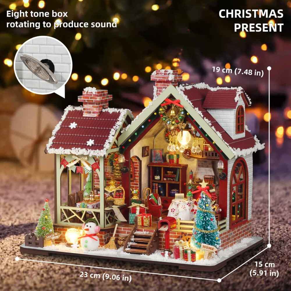Warm Christmas Lodge dimension diagram with an inset of the music mechanism.