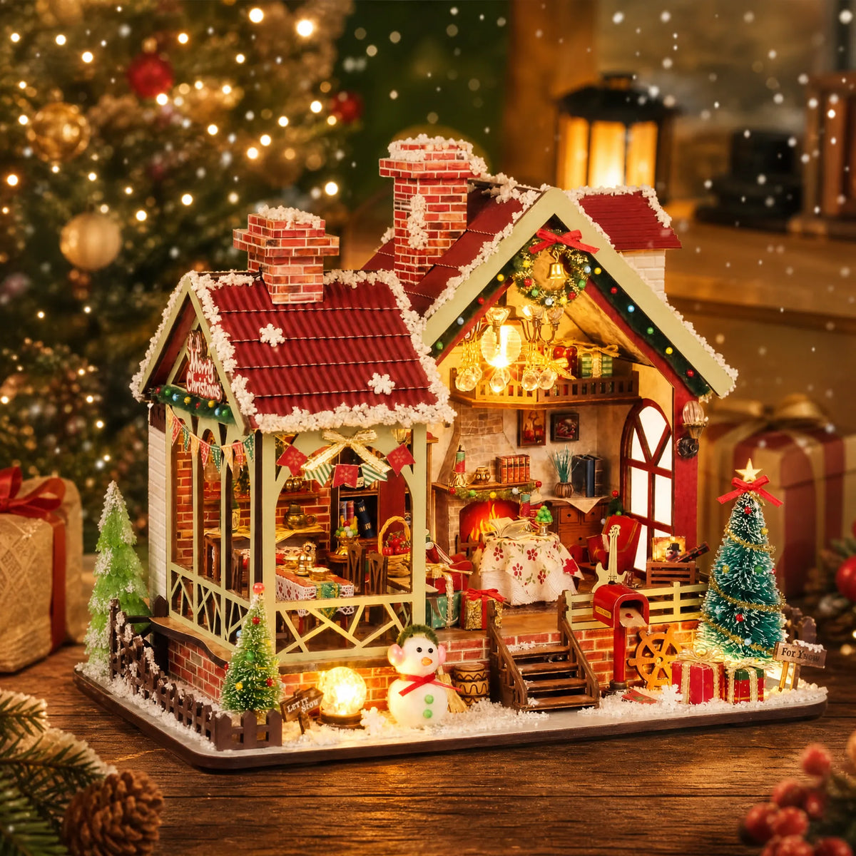 Warm Christmas Lodge miniature house with snowy red roofs, a tree and festive lights.