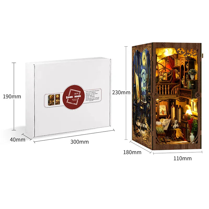 Whispers of Starlit Frames model and kit-box dimension diagrams.