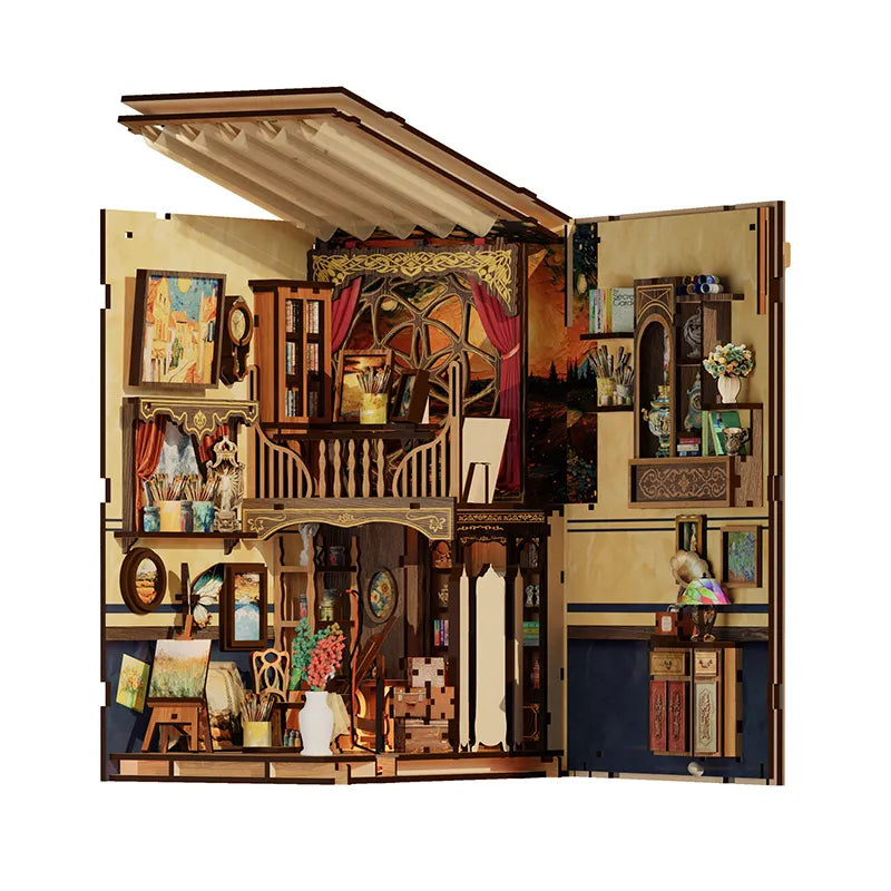 Whispers of Starlit Frames with roof and side panels open, showing two floors of art materials.