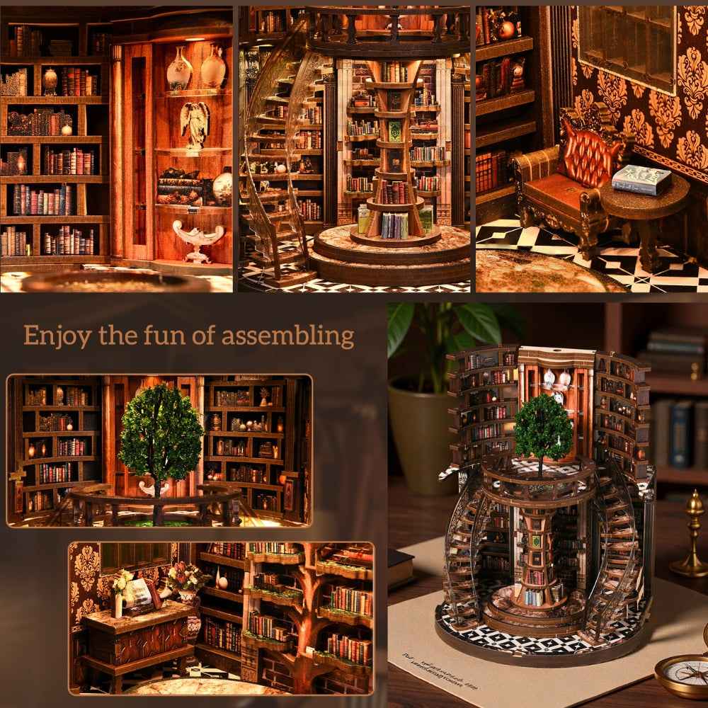 Wisdom Rings Books Repository details showing stairs, reading furniture and miniature shelves during assembly.