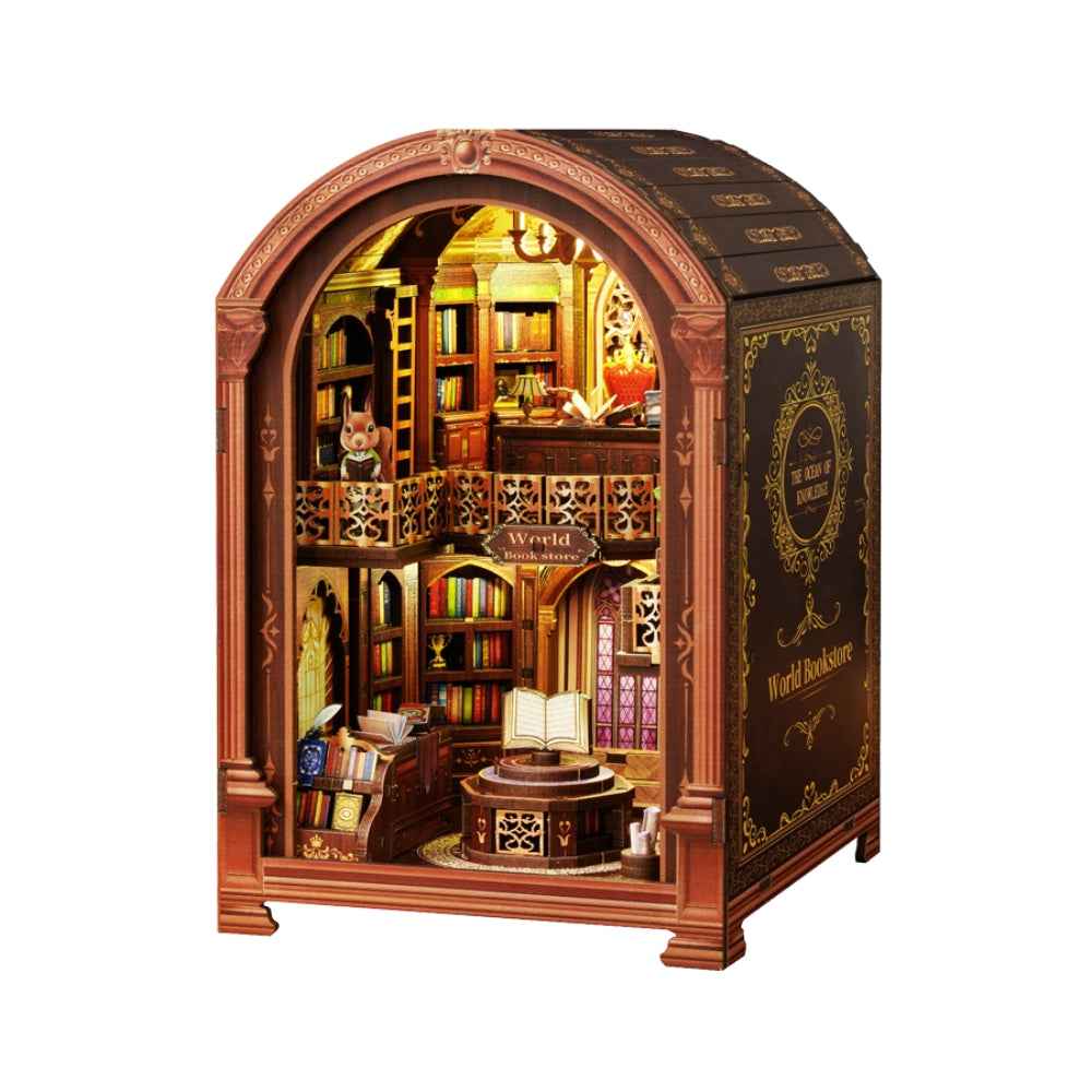 Angled World Bookstore book nook against a white background.