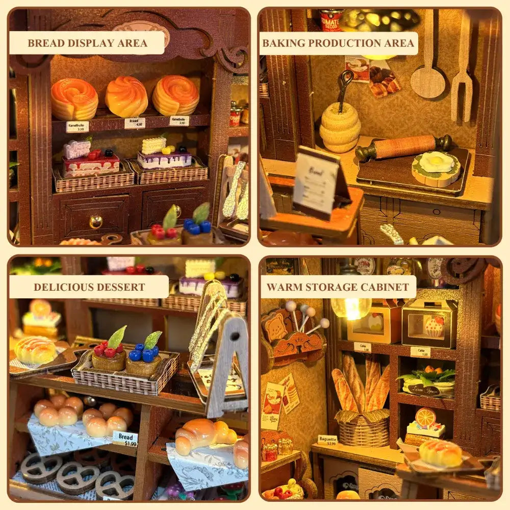 Zora's Bakery details showing bread shelves, a baking area, desserts and storage cabinet.