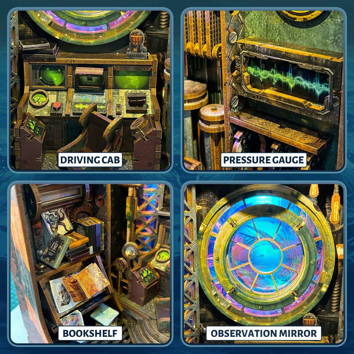 Submarine controls, a pressure gauge, bookshelves and a circular viewing window inside 10,000 Leagues in the Deep Sea.