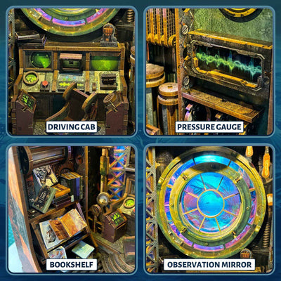 Submarine controls, a pressure gauge, bookshelves and a circular viewing window inside 10,000 Leagues in the Deep Sea.