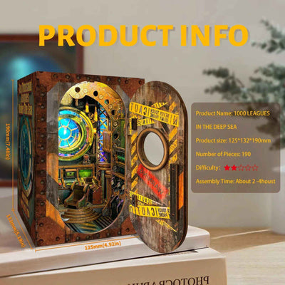 10,000 Leagues in the Deep Sea book nook specification card with finished dimensions.