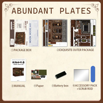 All accessories included chart for Corner Coffee Shop miniature book nook DIY kit