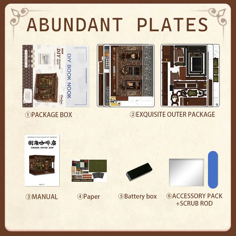 All accessories included chart for Corner Coffee Shop miniature book nook DIY kit