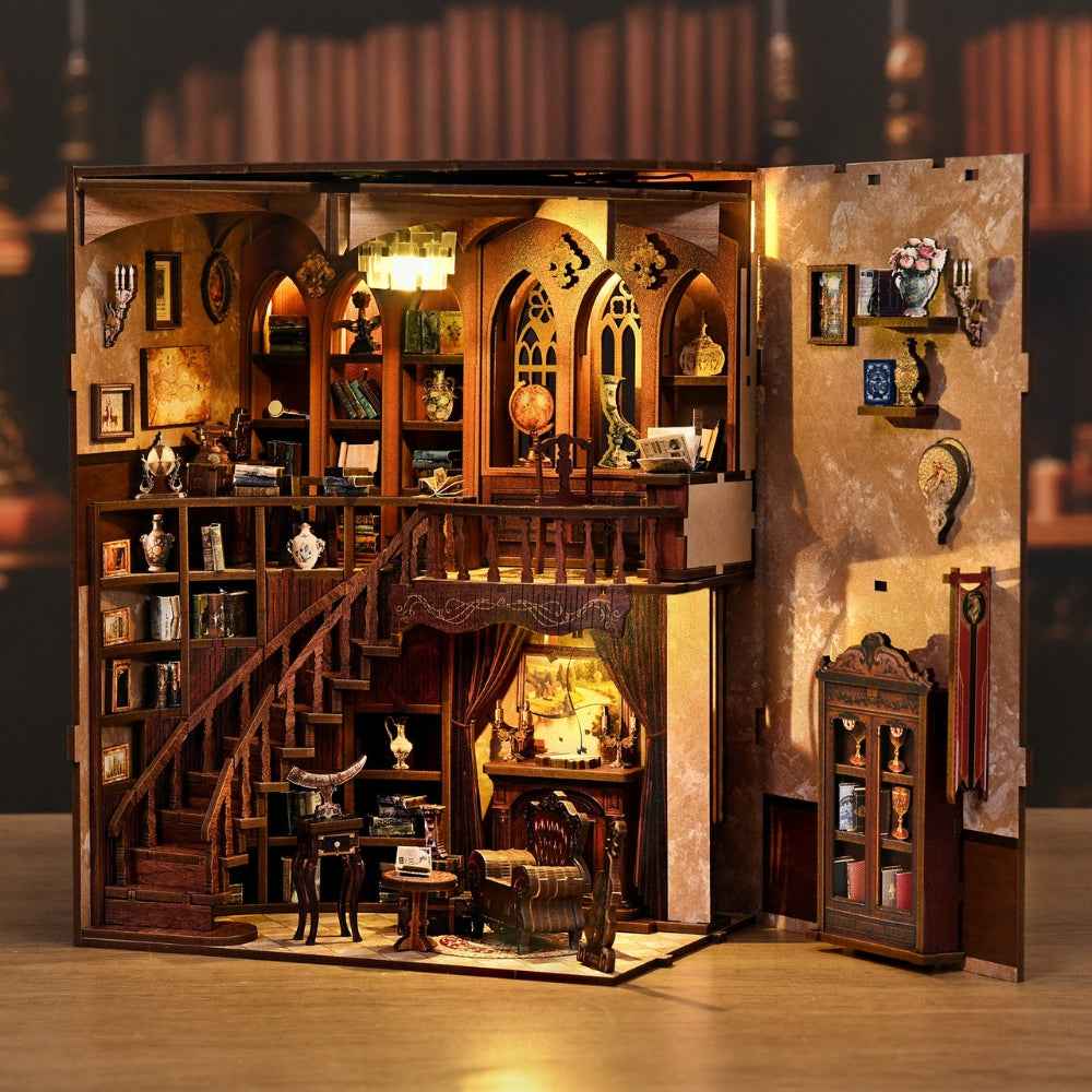 Ancient Rhyme Library DIY Book Nook Kit, Ancient Rhyme Library DIY Book Nook Kit, miniature library, vintage book nook, warm light book nook, spiral staircase miniature