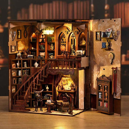 Ancient Rhyme Library DIY Book Nook Kit, Ancient Rhyme Library DIY Book Nook Kit, miniature library, vintage book nook, warm light book nook, spiral staircase miniature