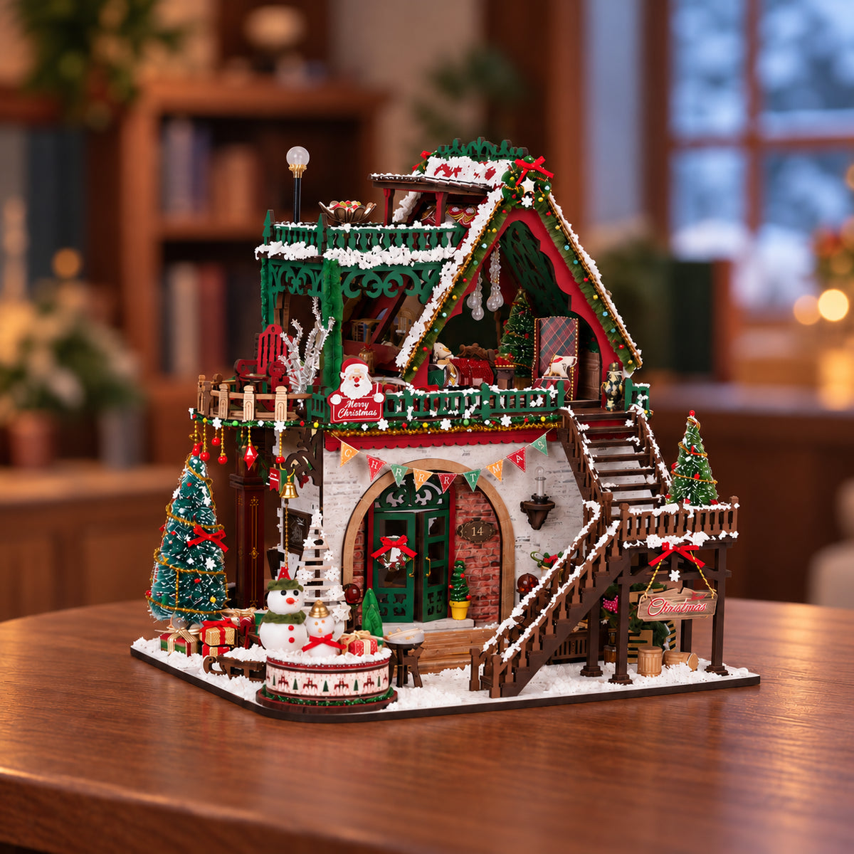 Snowy Christmas Lodge DIY Miniature Dollhouse Kit