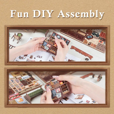 DIY assembly process photos of Corner Coffee Shop miniature book nook kit