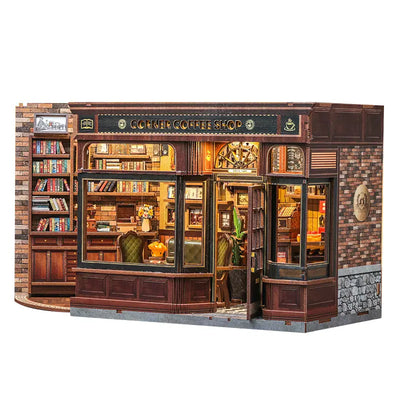 Side shot of Corner Coffee Shop miniature book nook kit