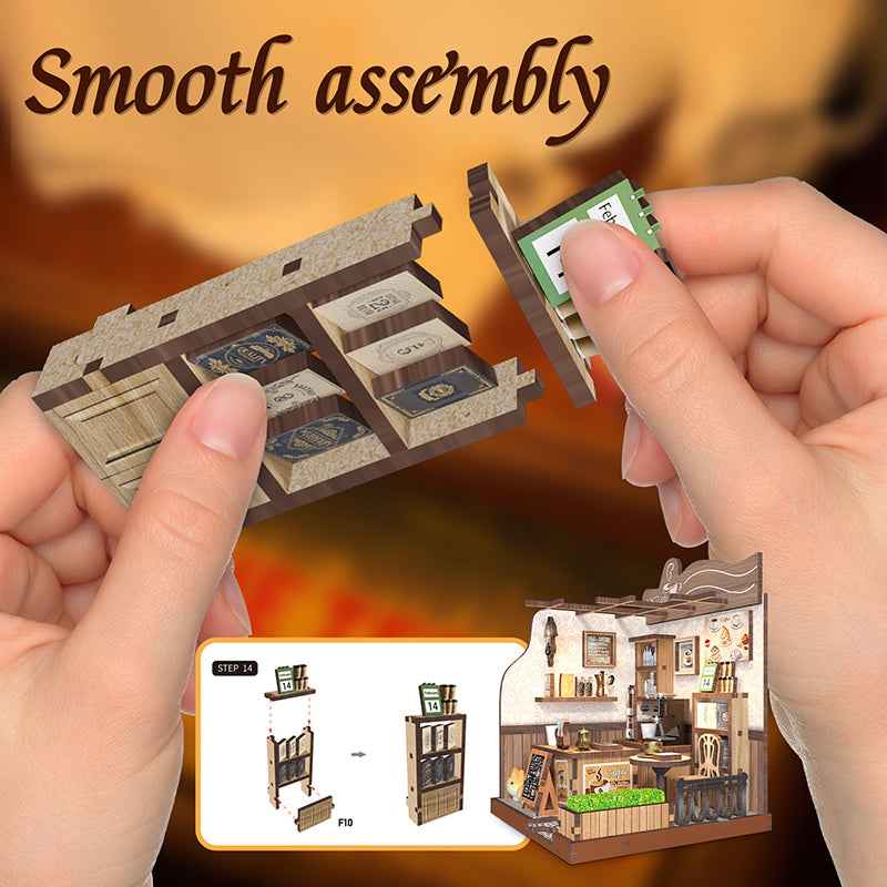 Hands fitting small components into a shelf for the 1987 Country Café kit.