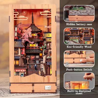 Function feature chart of Twilight Sakura Path DIY Book Nook Kit, battery box, eco wood, button switch, dustproof sheet
