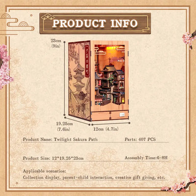 Size specification info graphic of TwilightSakura Path DIY Book Nook Kit
