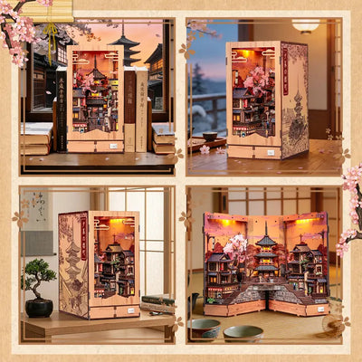 Multi-scene display collage of Twilight Sakura Path DIY Book Nook Kit