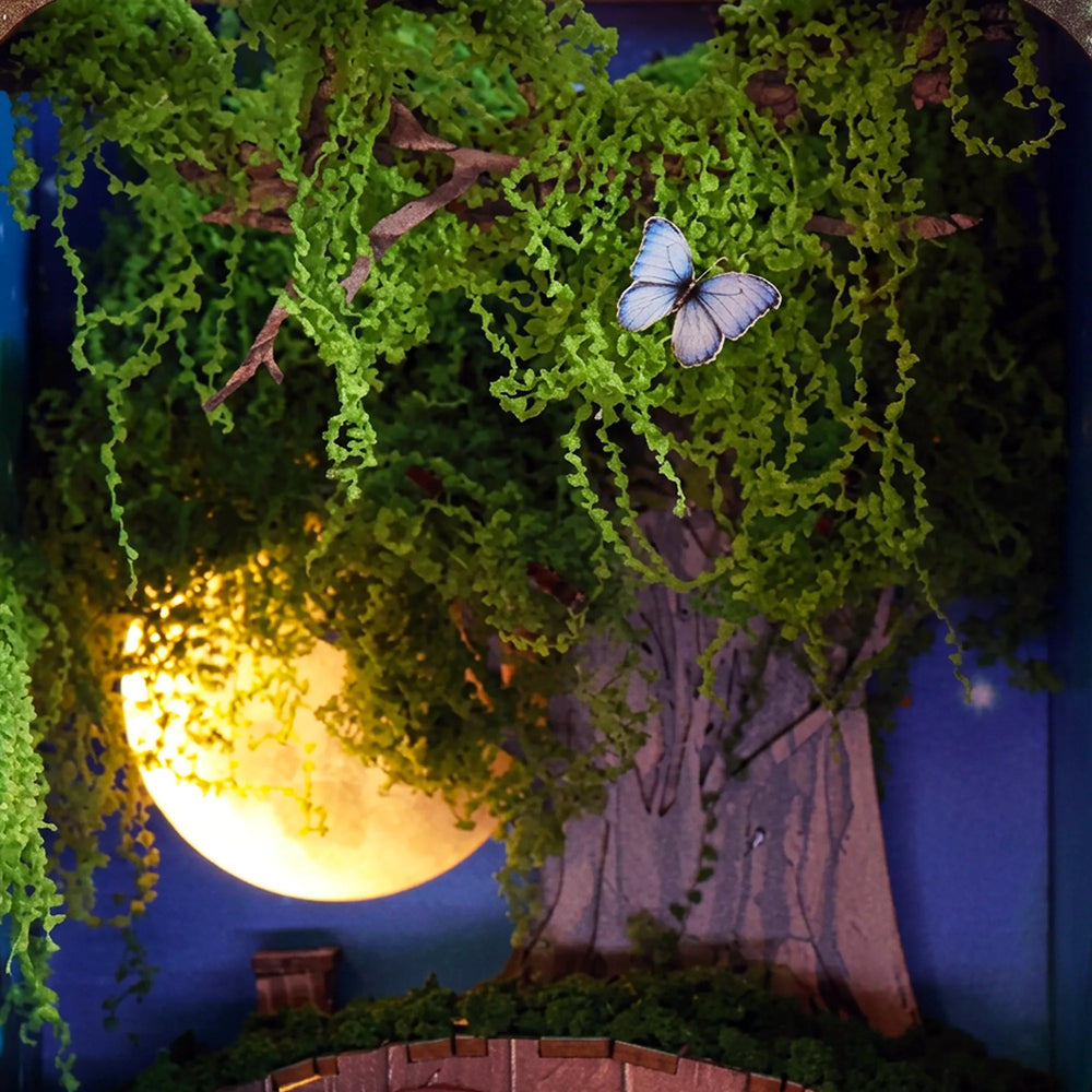 Glowing Moon Beneath an Ancient Tree — Hobbins Hovel Fantasy Cottage DIY Book Nook Kit