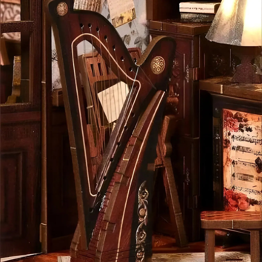 Vintage Carved Wooden Harp — European Melody Music Instrument Box DIY Book Nook Kit