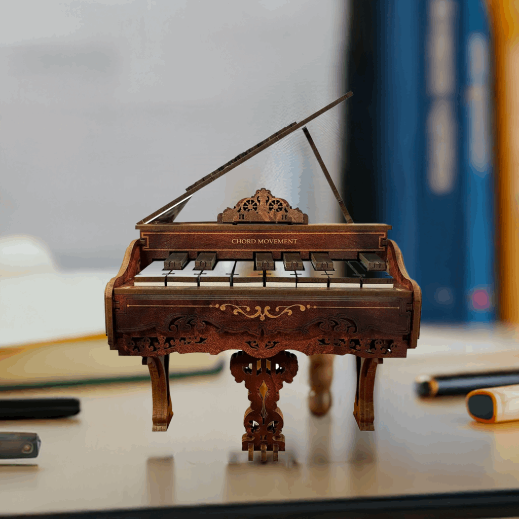 Front view of the 3D Piano wooden model with its lid raised and ornate legs visible.