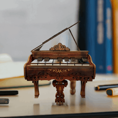 Front view of the 3D Piano wooden model with its lid raised and ornate legs visible.