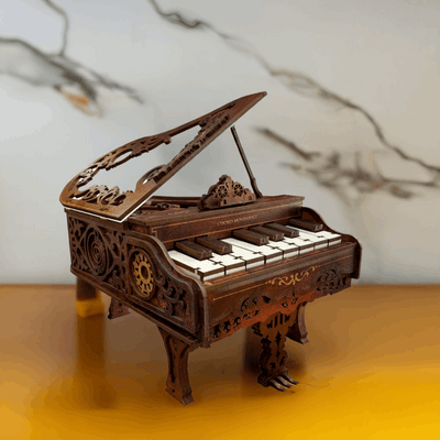Angled 3D Piano wooden puzzle with a raised lid and decorative carved-style panels.