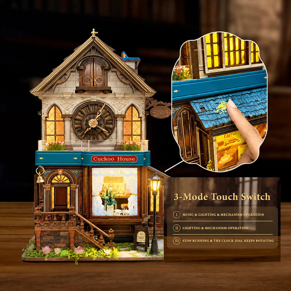 Touch-Activated Warm Lighting — Cuckoo Clock House Mechanical 3D Wooden Puzzle Kit