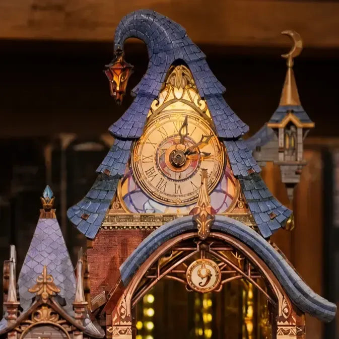 Witch Hat Roof & Glowing Clock Tower — Kit de Diorama de Bibliothèque Enchantée DIY