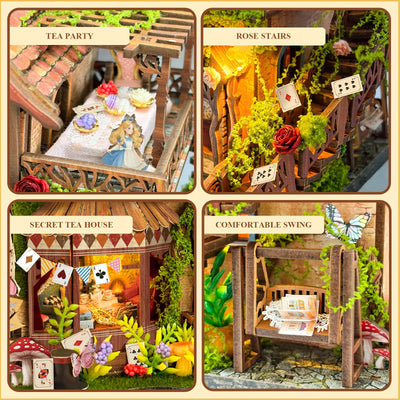4-panel detail close-up chart of Dreamy Cottage fairy tale DIY Miniature House Kit, themed scene feature collage