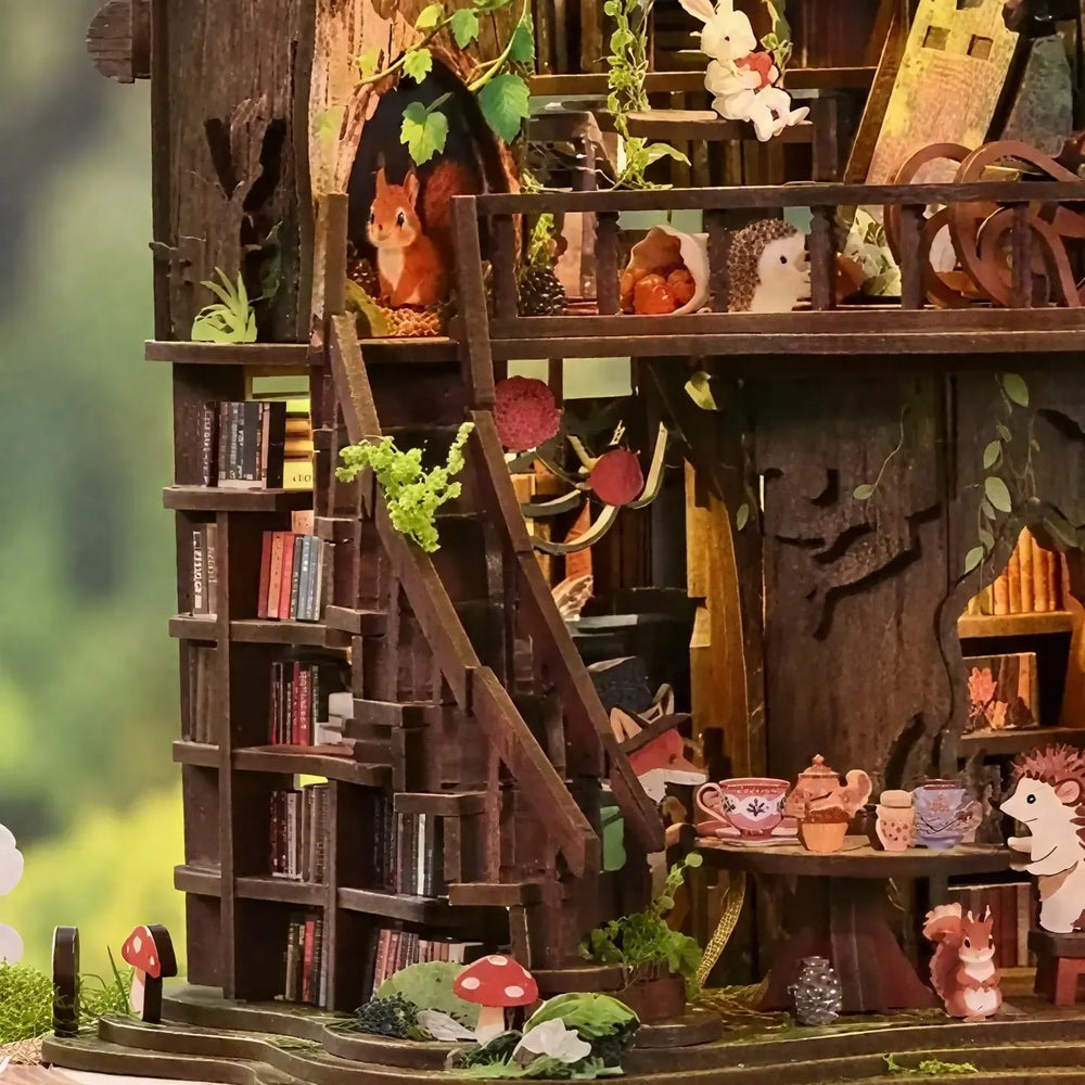 Layered Treehouse & Wooden Stairs — Forest Tea Book Club DIY Mini House Kit l DIY Miniature Kit