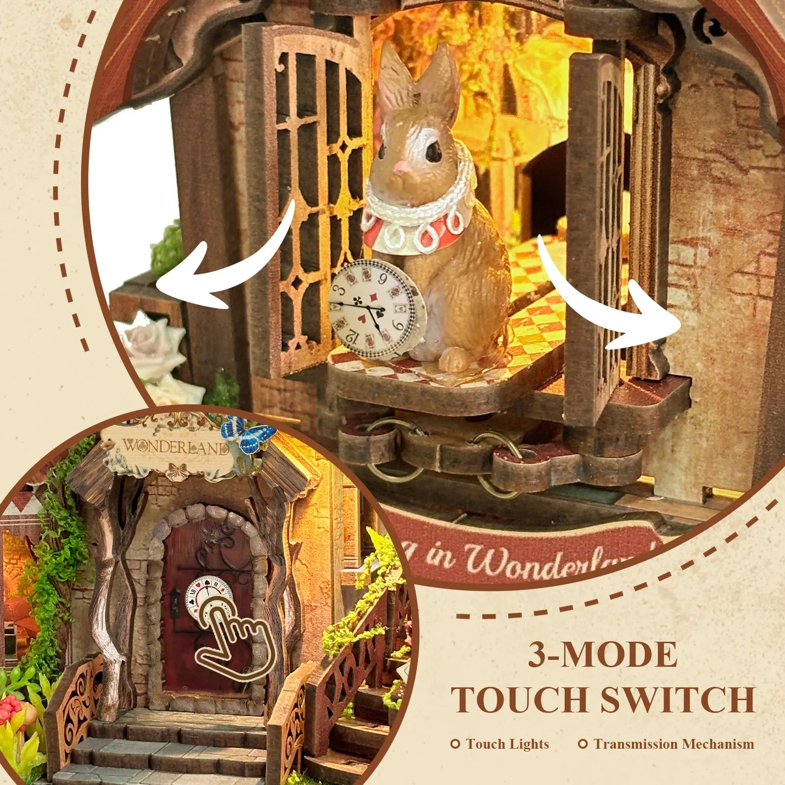 Function feature diagram of Dreamy Cottage DIY Miniature House Kit, 3-mode touch switch introduction graphic