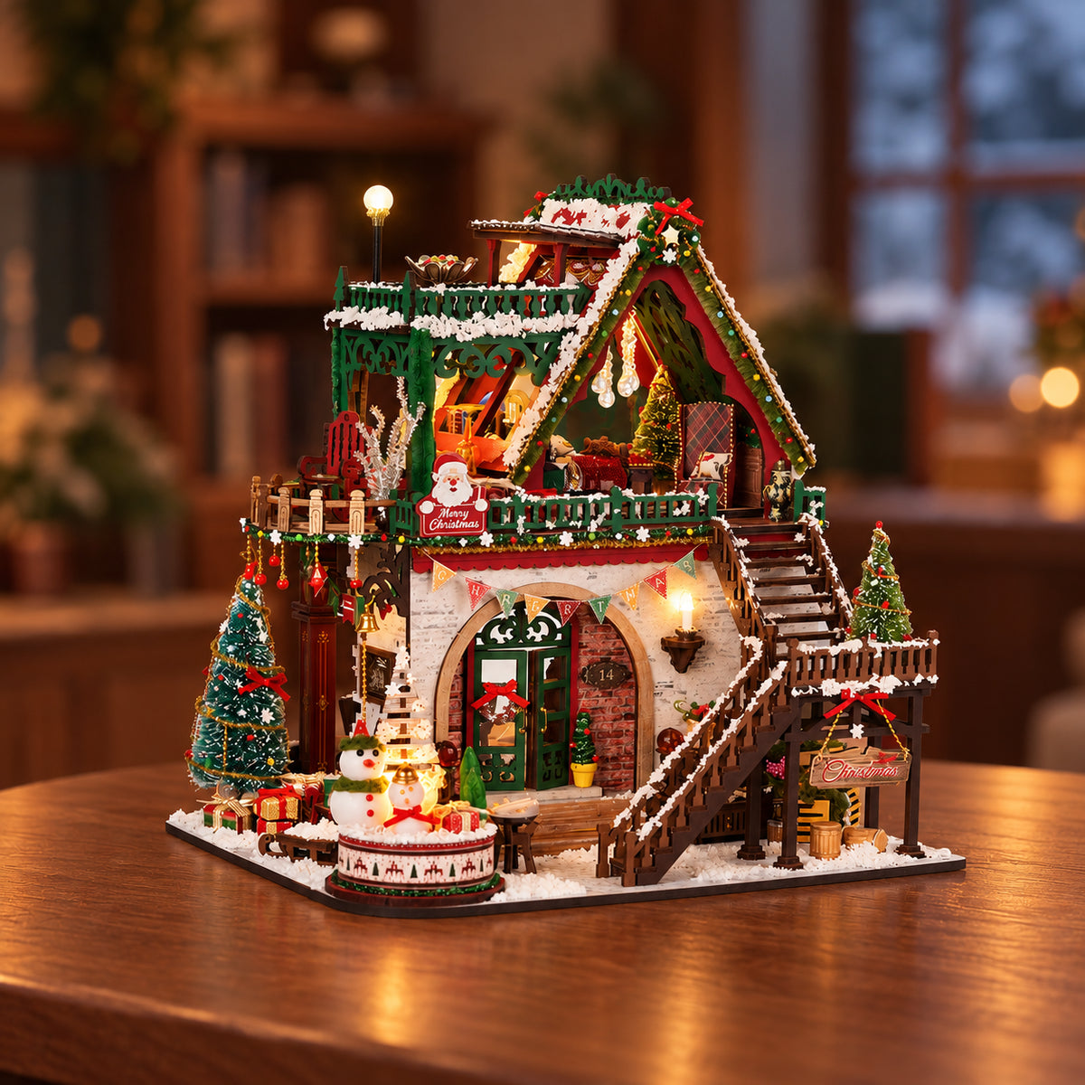 Snowy Christmas Lodge DIY Miniature Dollhouse Kit