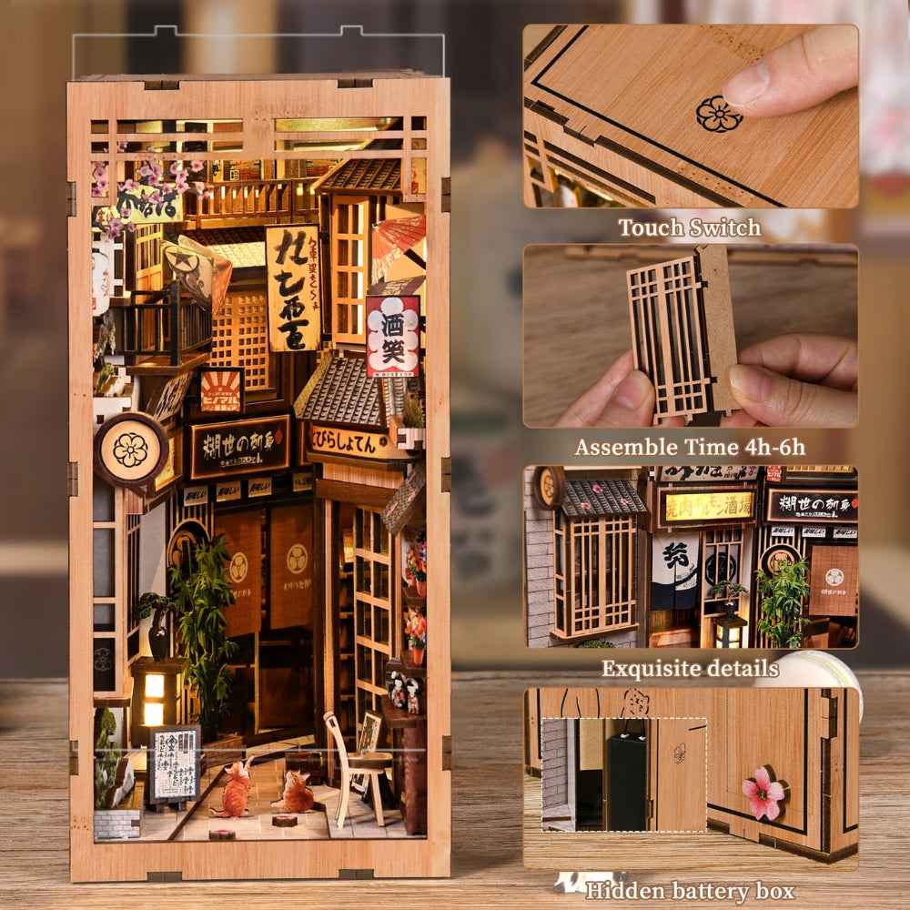 The Alley Waiting for the Cat DIY Book Nook Kit, touch switch, assemble time 4-6 hours, exquisite details, hidden battery box