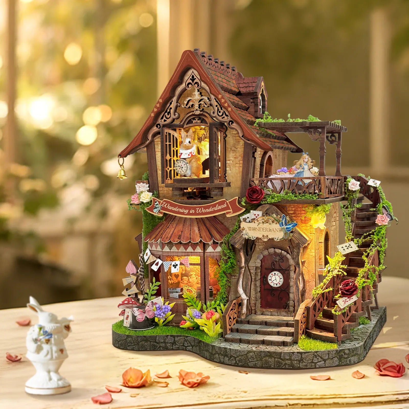 Side view of lit Dreamy Cottage fairy tale DIY Miniature House Kit