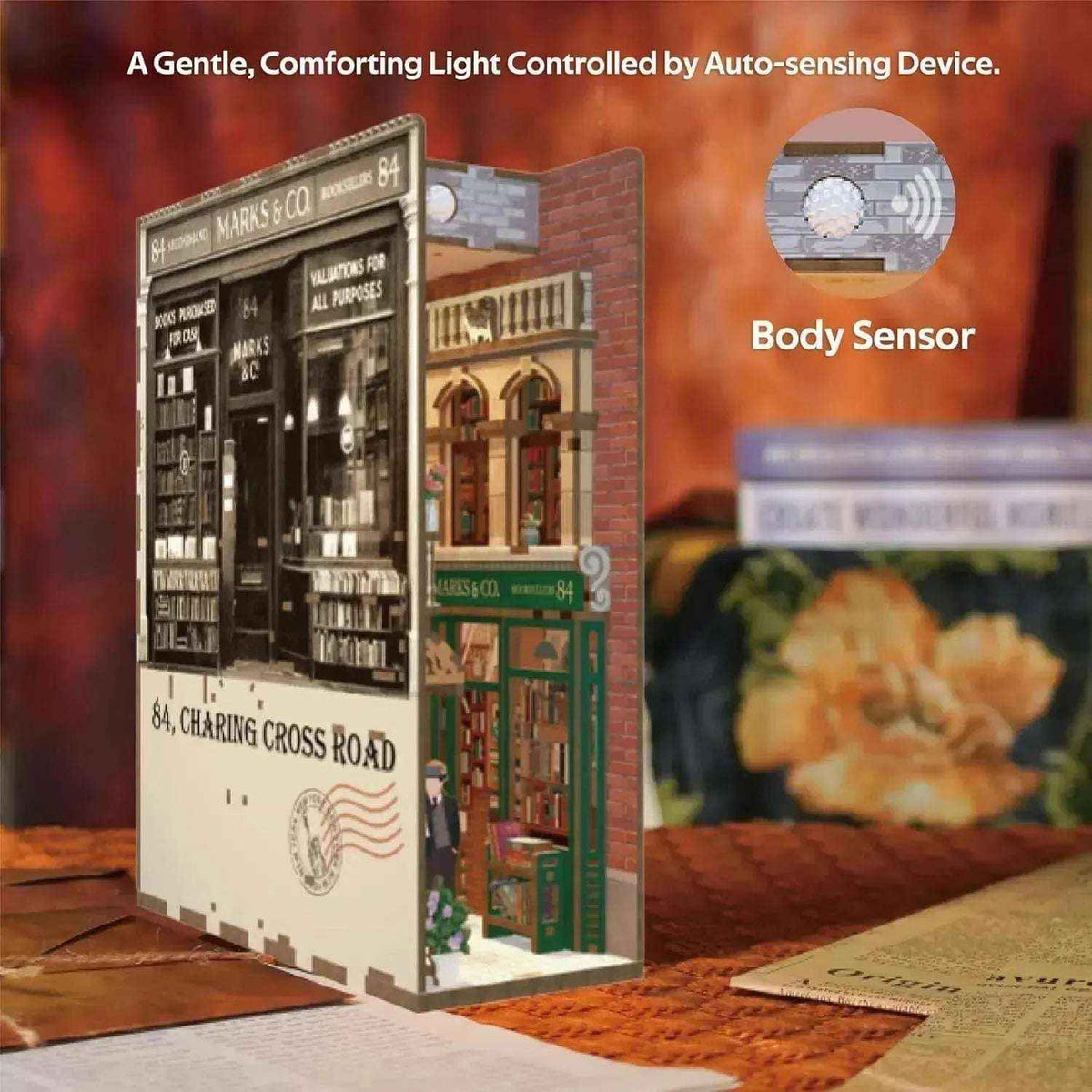 Angled view of the 84 Charing Cross Road book nook with a sensor-lighting inset.
