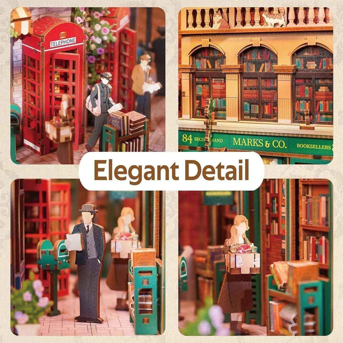 84 Charing Cross Road detail collage showing the bookshop, red telephone box and miniature figures.