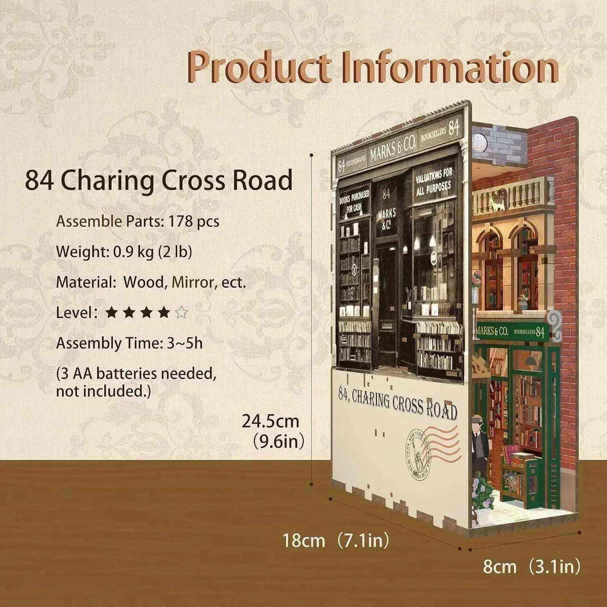84 Charing Cross Road book nook specification card with finished dimensions.