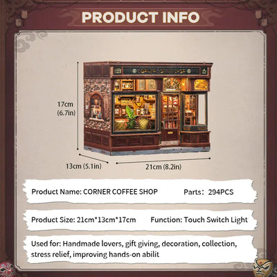 Size specification info graphic of Corner Coffee Shop DIY miniature book nook kit