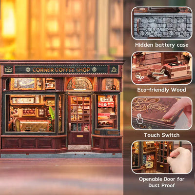 Feature showcase graphic of CuteBee Corner Coffee Shop DIY miniature book nook