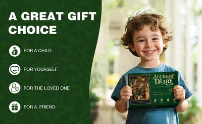 Child holding an Alchemy Diary kit box.