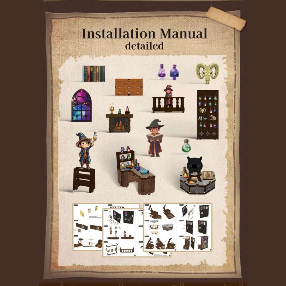 Alchemy Master illustrated assembly guide showing miniature furniture and parts sheets.