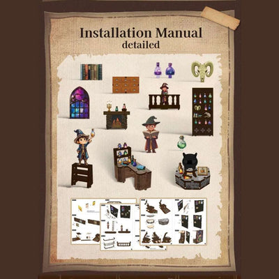 Alchemy Master illustrated assembly guide showing miniature furniture and parts sheets.