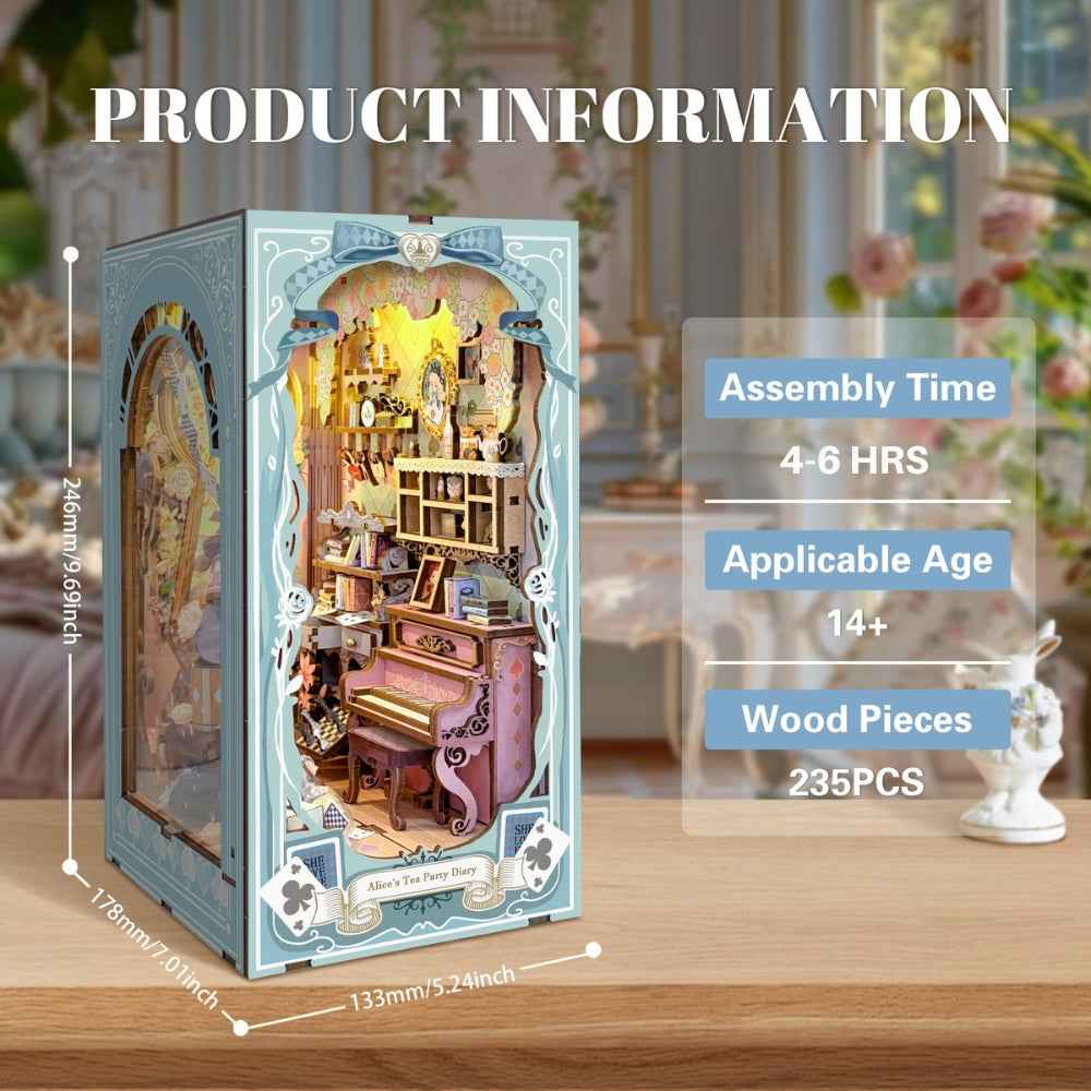 Alice's Tea Party Diary specification card with dimensions and assembly information.