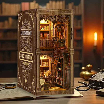 Angled Ancient Book Collection Room showing its ornate book-shaped cover and lit library interior.
