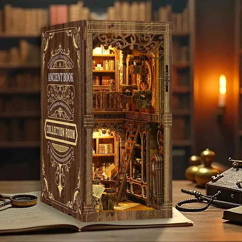 Angled Ancient Book Collection Room showing its ornate book-shaped cover and lit library interior.