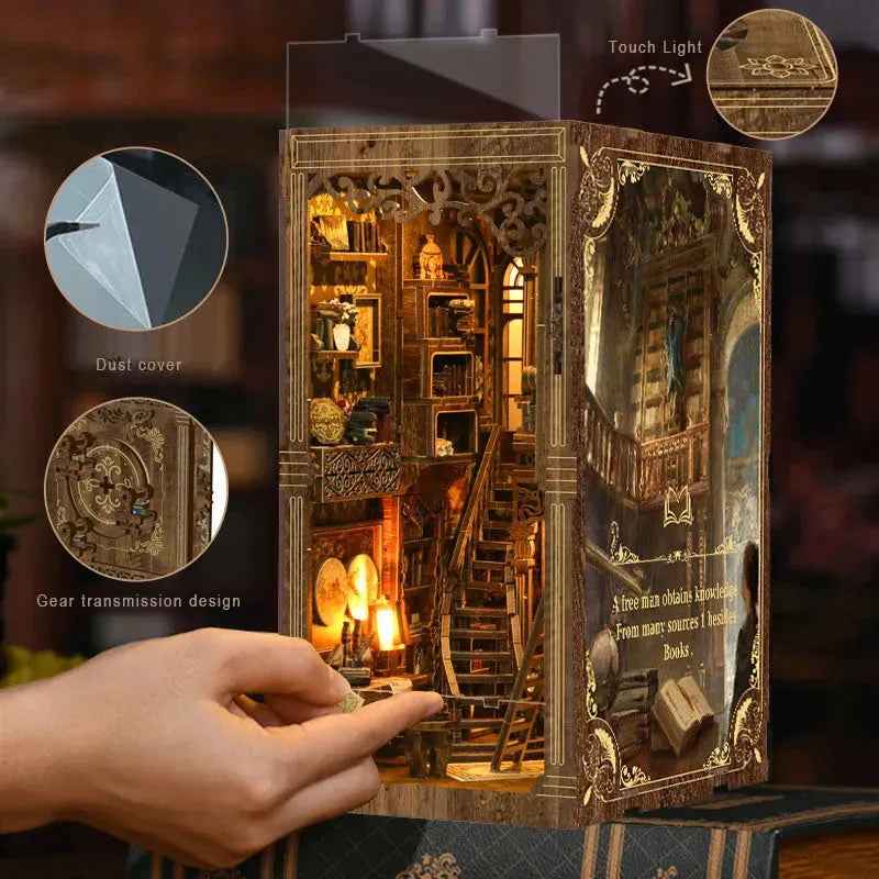 Hand touching Ancient Book Collection Room, with callouts for lighting, the cover and gear mechanism.