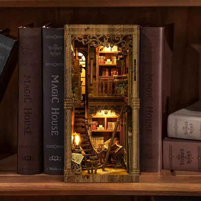 Ancient Book Collection Room displayed on a bookshelf between dark book covers.