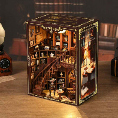 Ancient Rhyme Library book nook with an upper balcony, miniature shelves and a curved staircase.